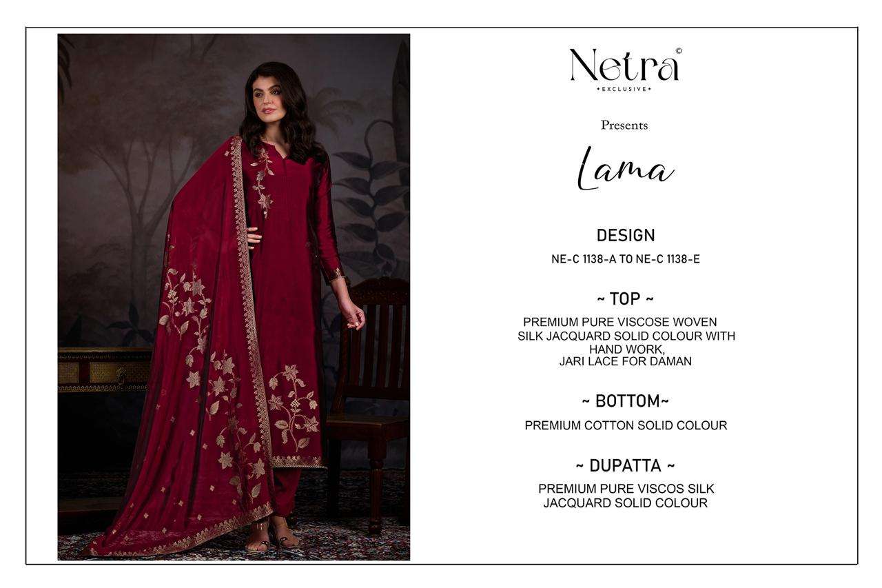 lama by netra 1138 colors fancy handwork visocse woven jacquard salwar kmeeza wholesale price surat