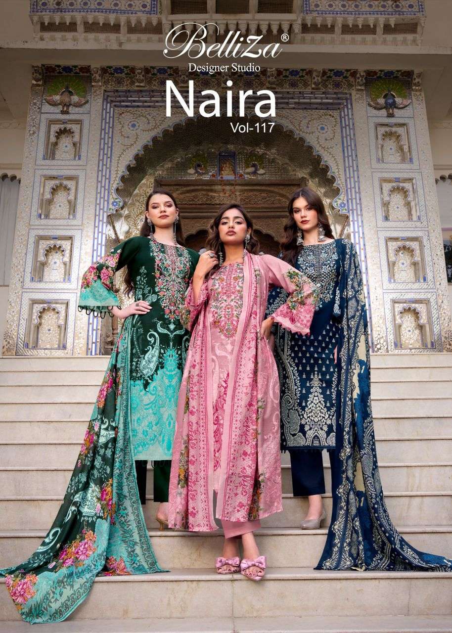  naira vol-117 by belliza designer colors cotton digital print with heavy embroidered salwar kameez wholesale price surat