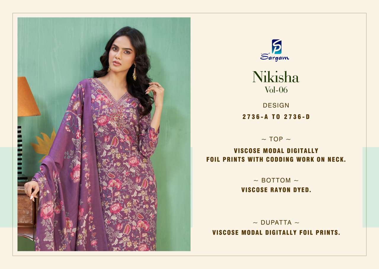 nikisha vol-6 by sargam print 2736 colors fancy digital printed modal muslin salwar kameez wholesale price surat
