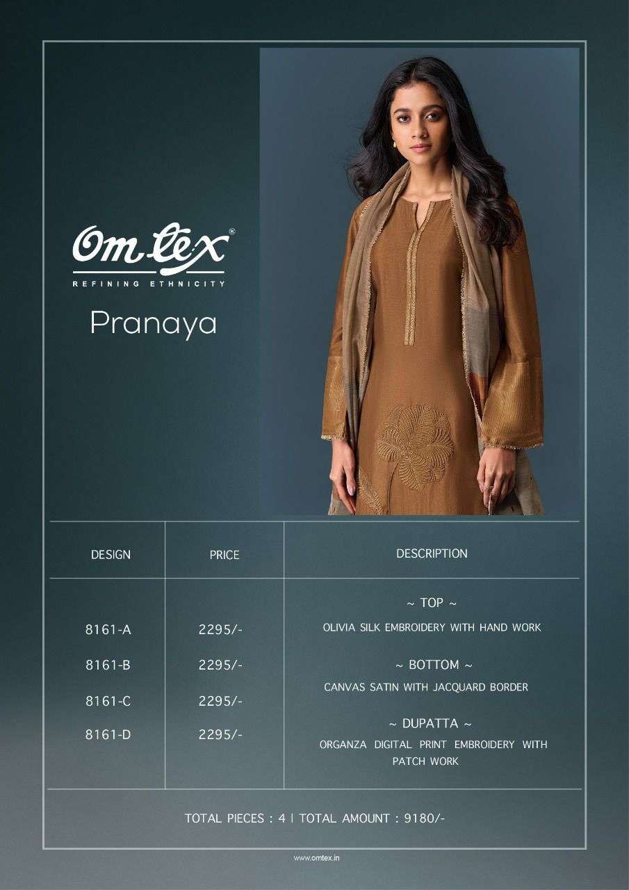 pranaya by omtex 8161 colors handwork with embroidered olivia silk salwar kameez wholesale price surat