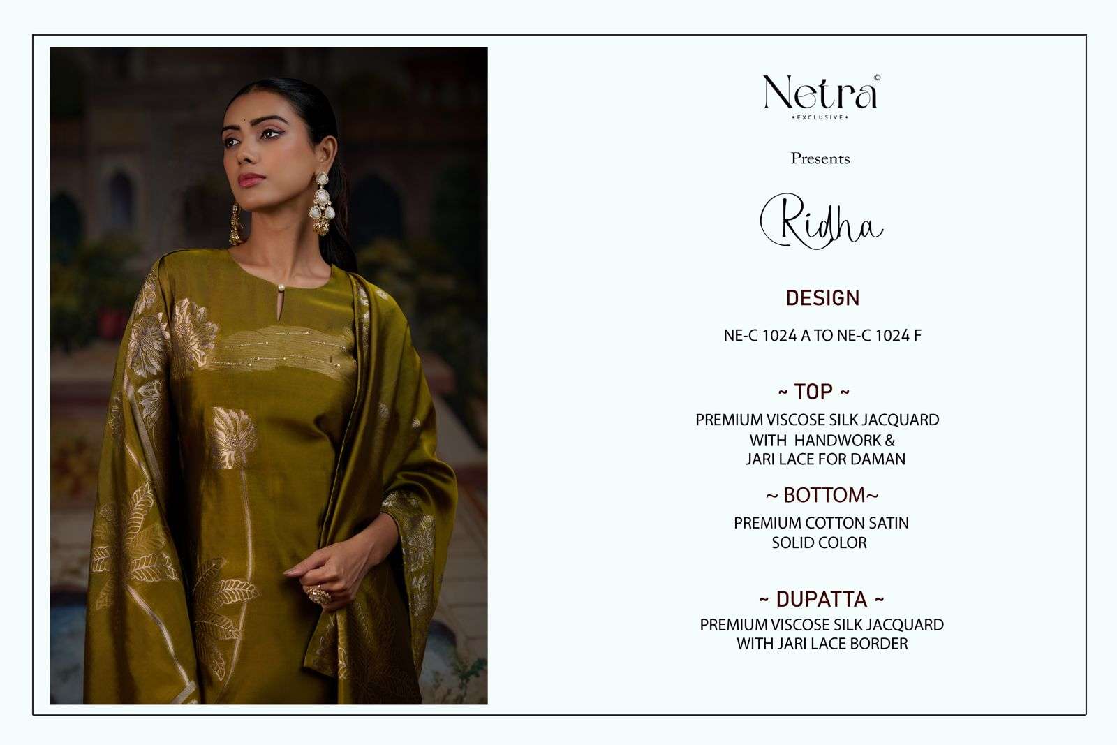 ridha by netra 1024 colors designer party wear viscose silk jacquard suit wholesale price surat