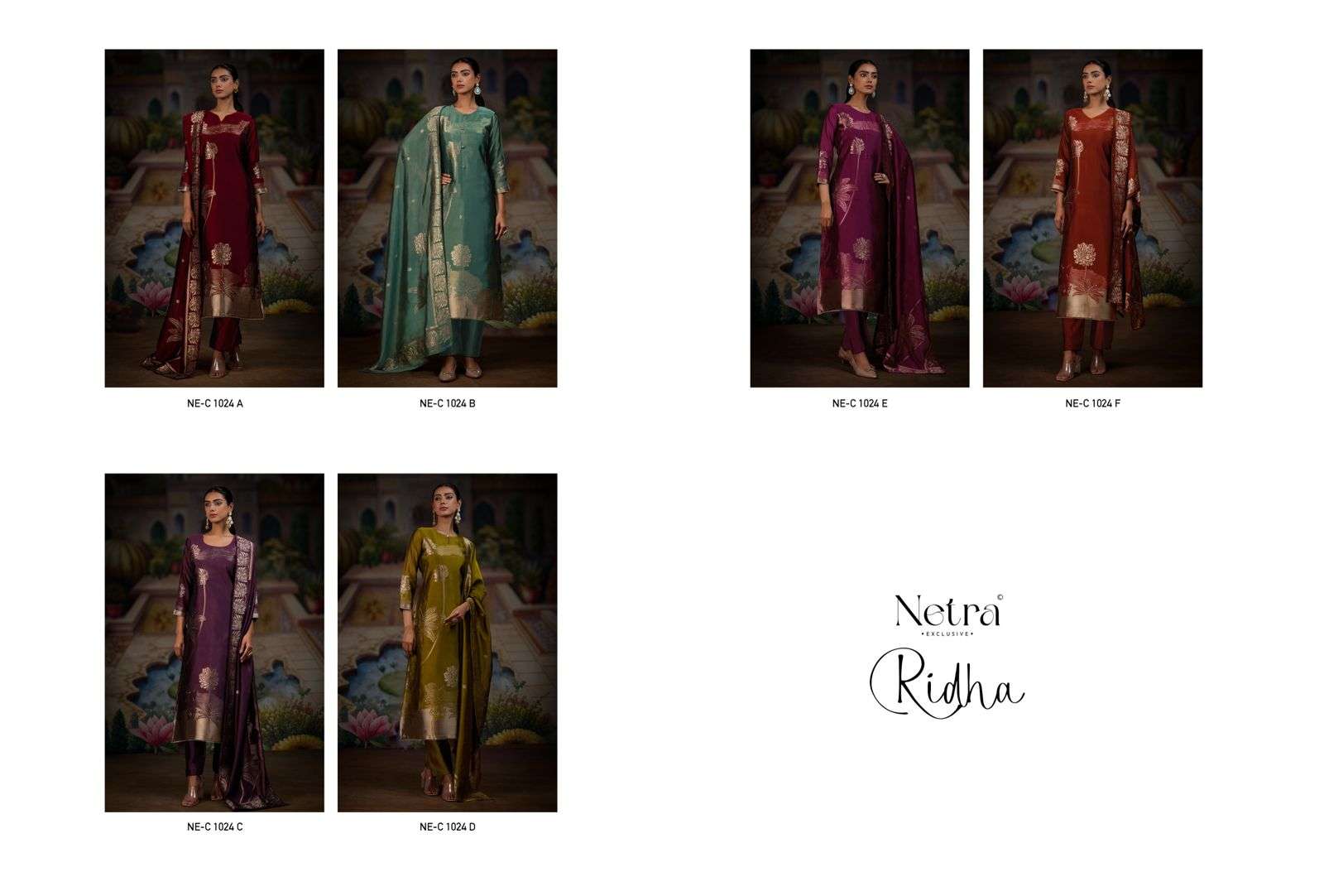 ridha by netra 1024 colors designer party wear viscose silk jacquard suit wholesale price surat