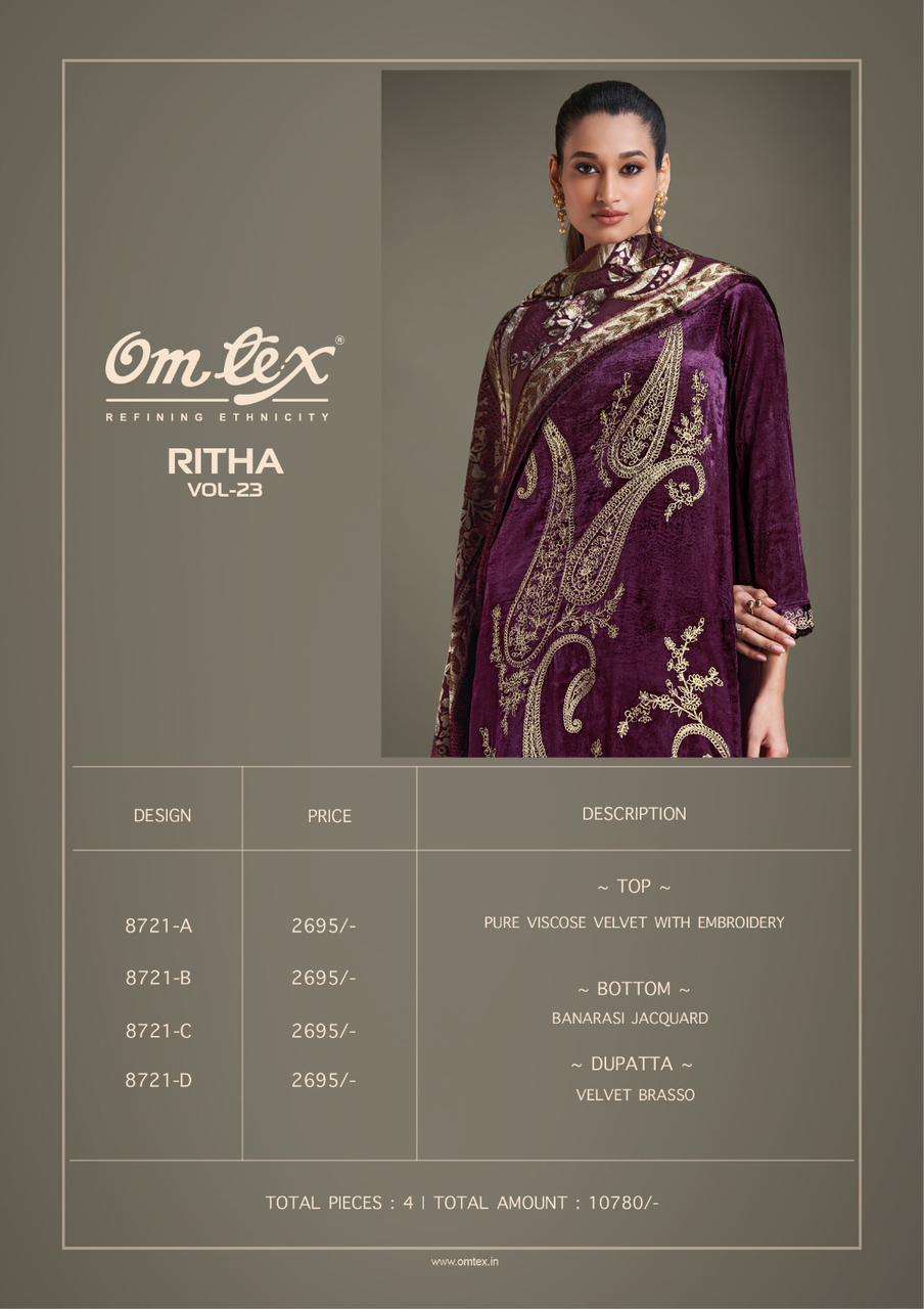 ritha-23 by omtex 8721 colors heavy embroidered velvet salwar kameez wholesale price surat