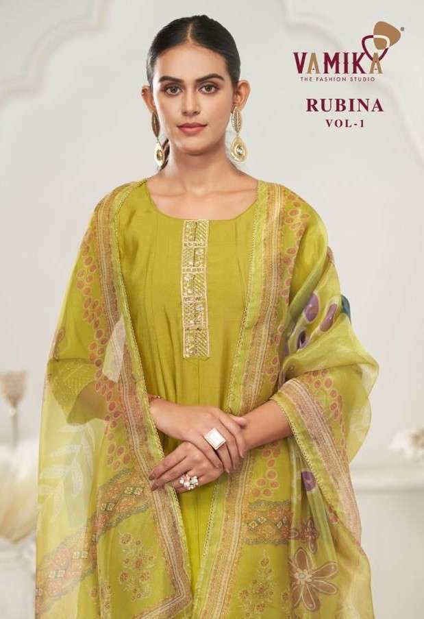 rubina vol-1 by vamika 602 colors viscose roman silk readymade salwar kameez wholesale price surat
