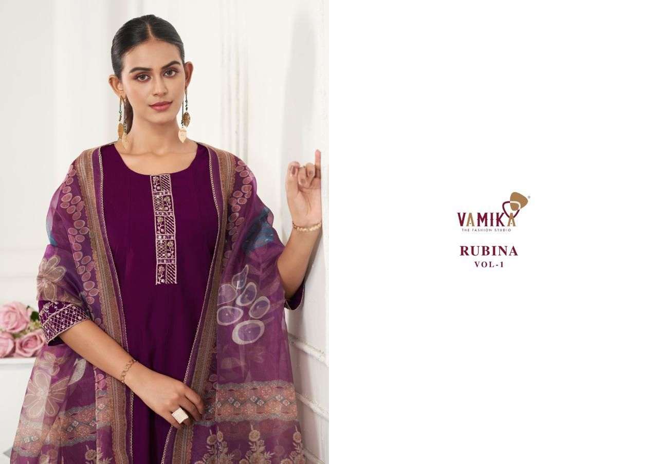rubina vol-1 by vamika 602 colors viscose roman silk readymade salwar kameez wholesale price surat
