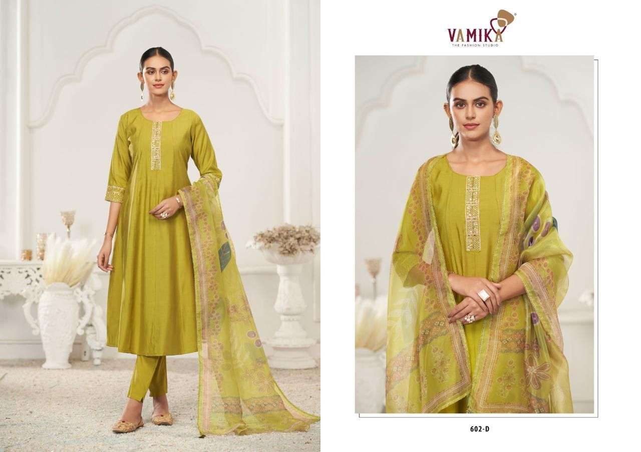 rubina vol-1 by vamika 602 colors viscose roman silk readymade salwar kameez wholesale price surat