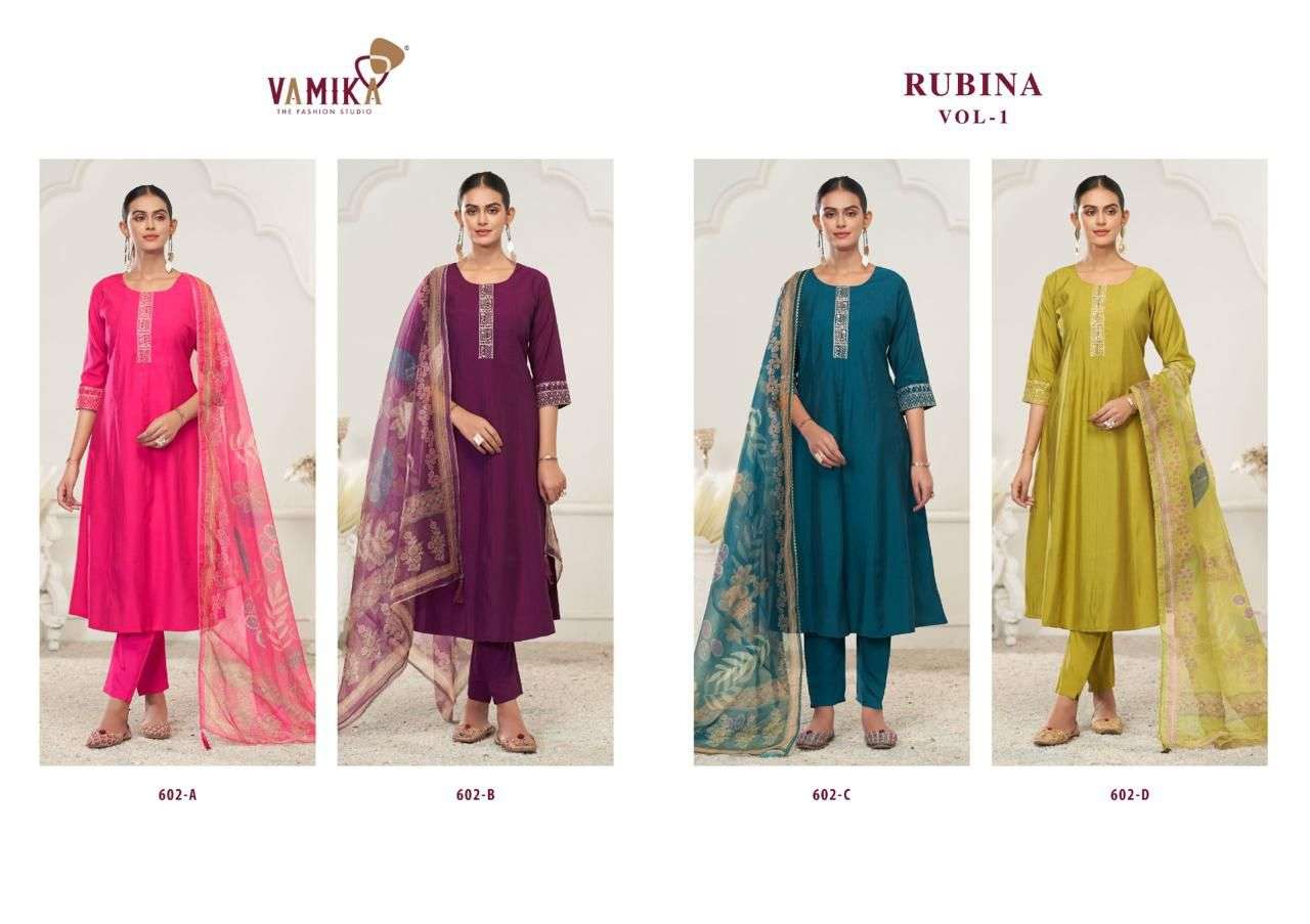 rubina vol-1 by vamika 602 colors viscose roman silk readymade salwar kameez wholesale price surat