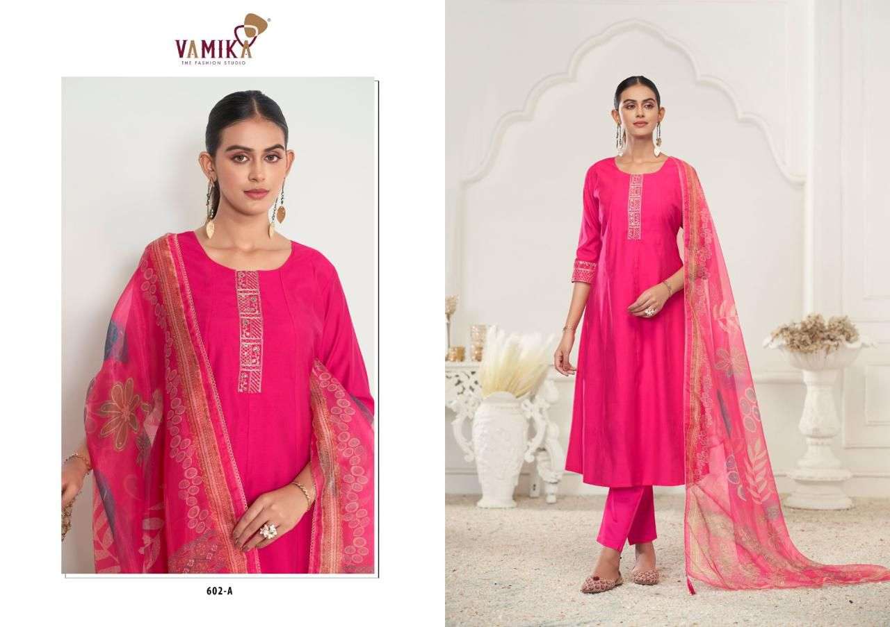 rubina vol-1 by vamika 602 colors viscose roman silk readymade salwar kameez wholesale price surat