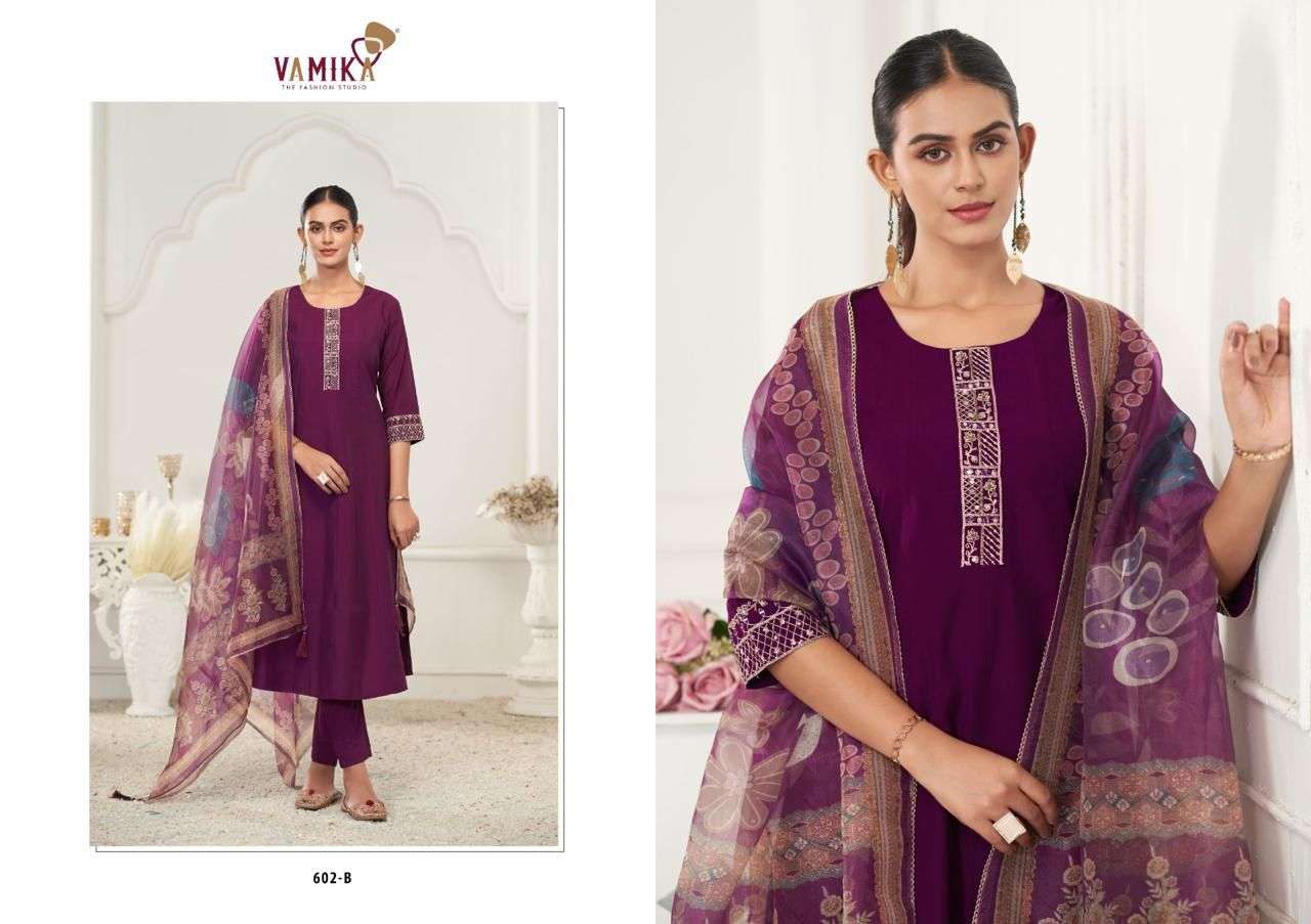 rubina vol-1 by vamika 602 colors viscose roman silk readymade salwar kameez wholesale price surat