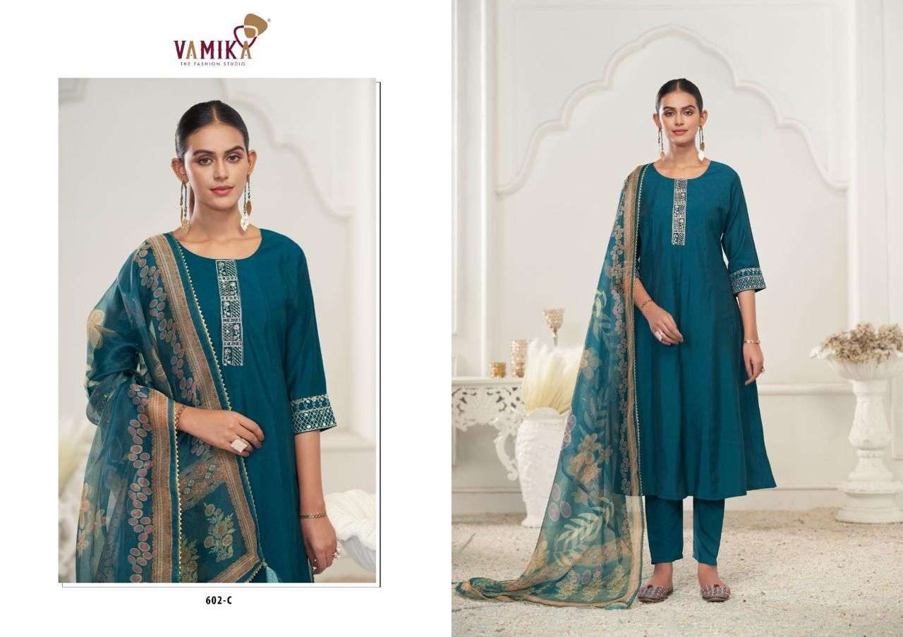 rubina vol-1 by vamika 602 colors viscose roman silk readymade salwar kameez wholesale price surat