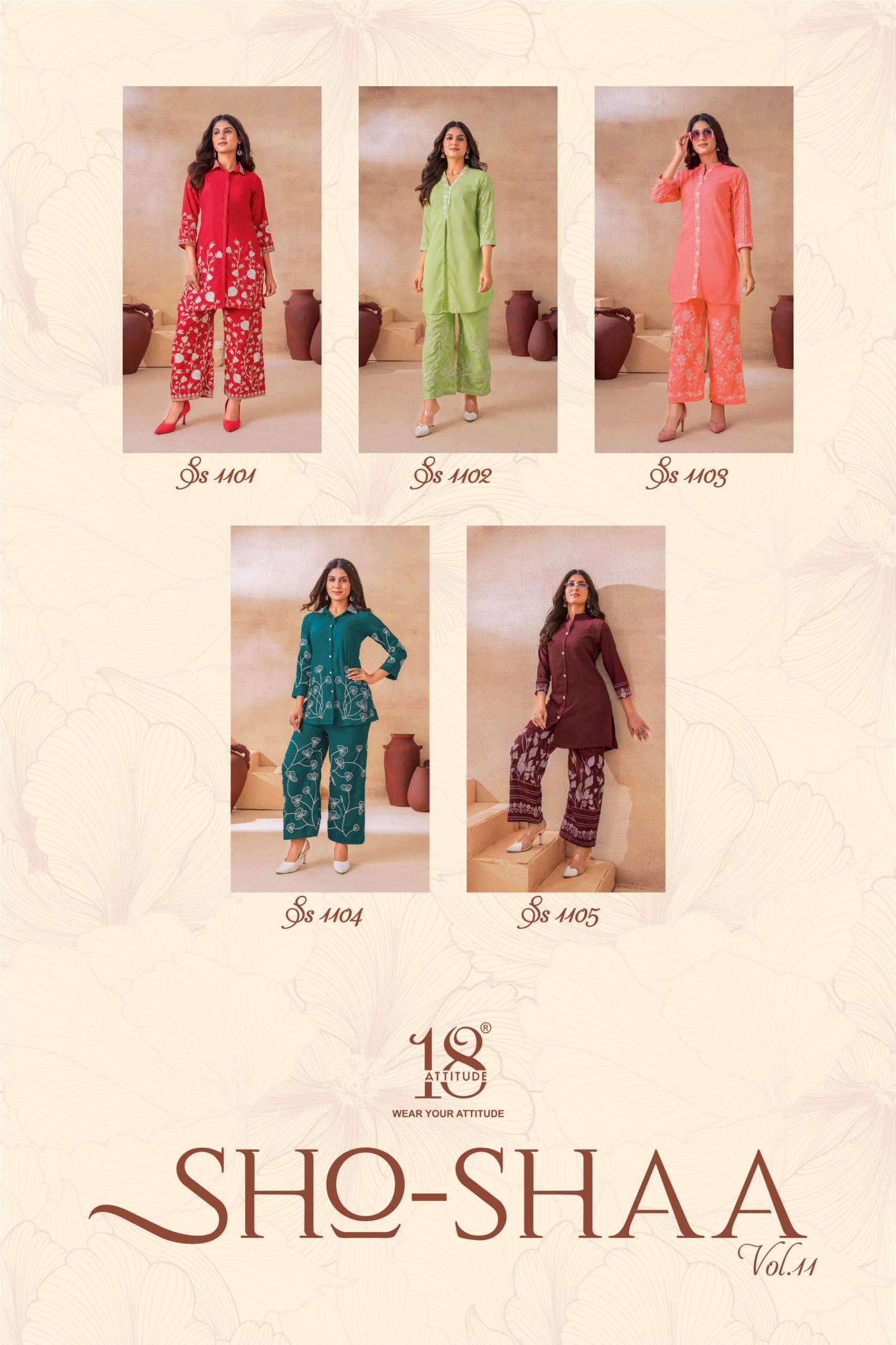 sho-shaa vol-11 by 18 attitude 1101-1105 series rayon readymade cord set wholesale price surat