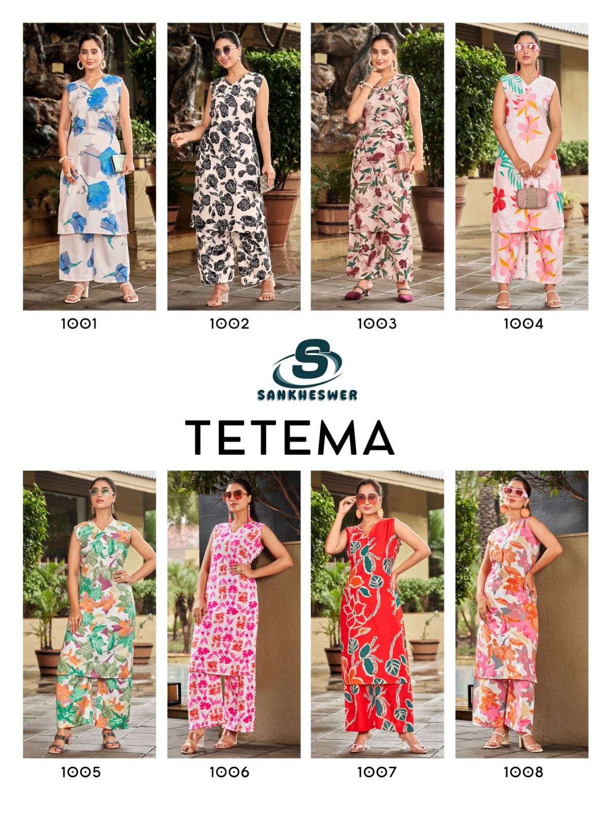 tetema vol-1 by sankheshwer 1001-1008 series fancy printed rayon cord set wholesaler surat