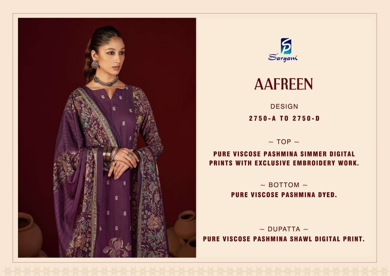 aafreen by sargam 2750 colors viscose pashmina with embroidered salwar kameez wholesale price surat
