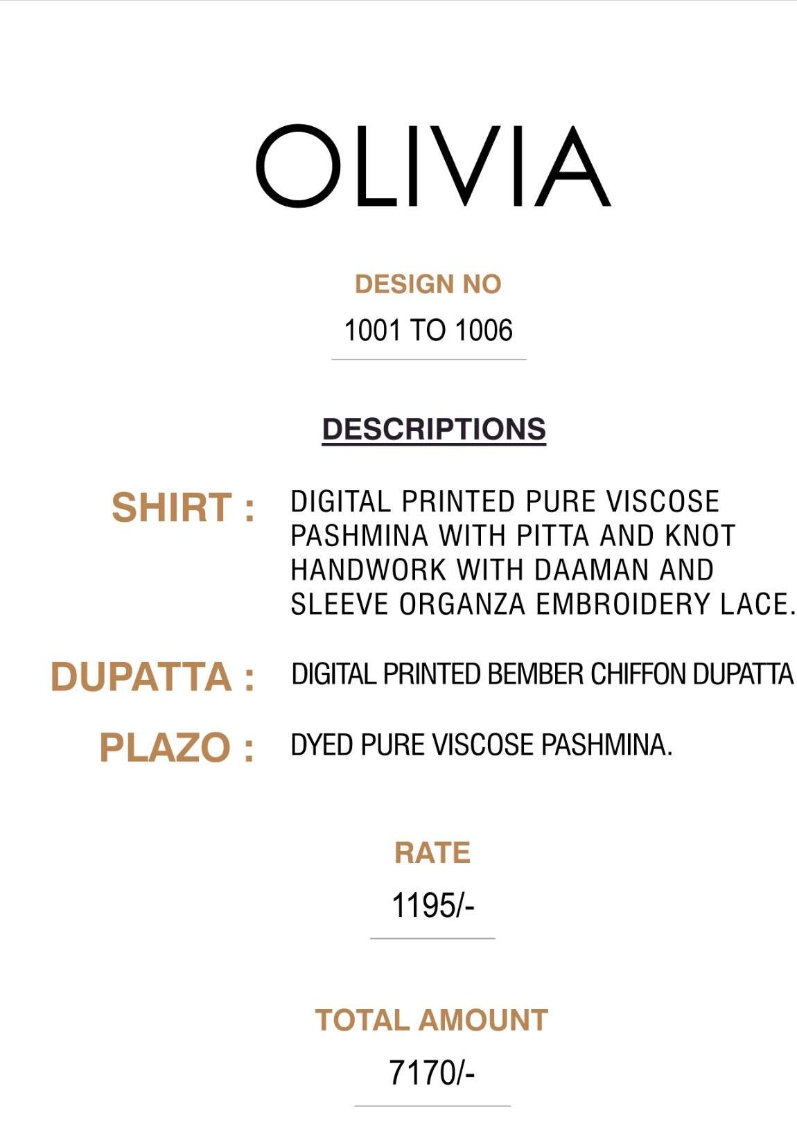 esta designs olivia 1001-1006 series party wear pure viscose pashmina hand work deisgner salwar kameez online shopping surat