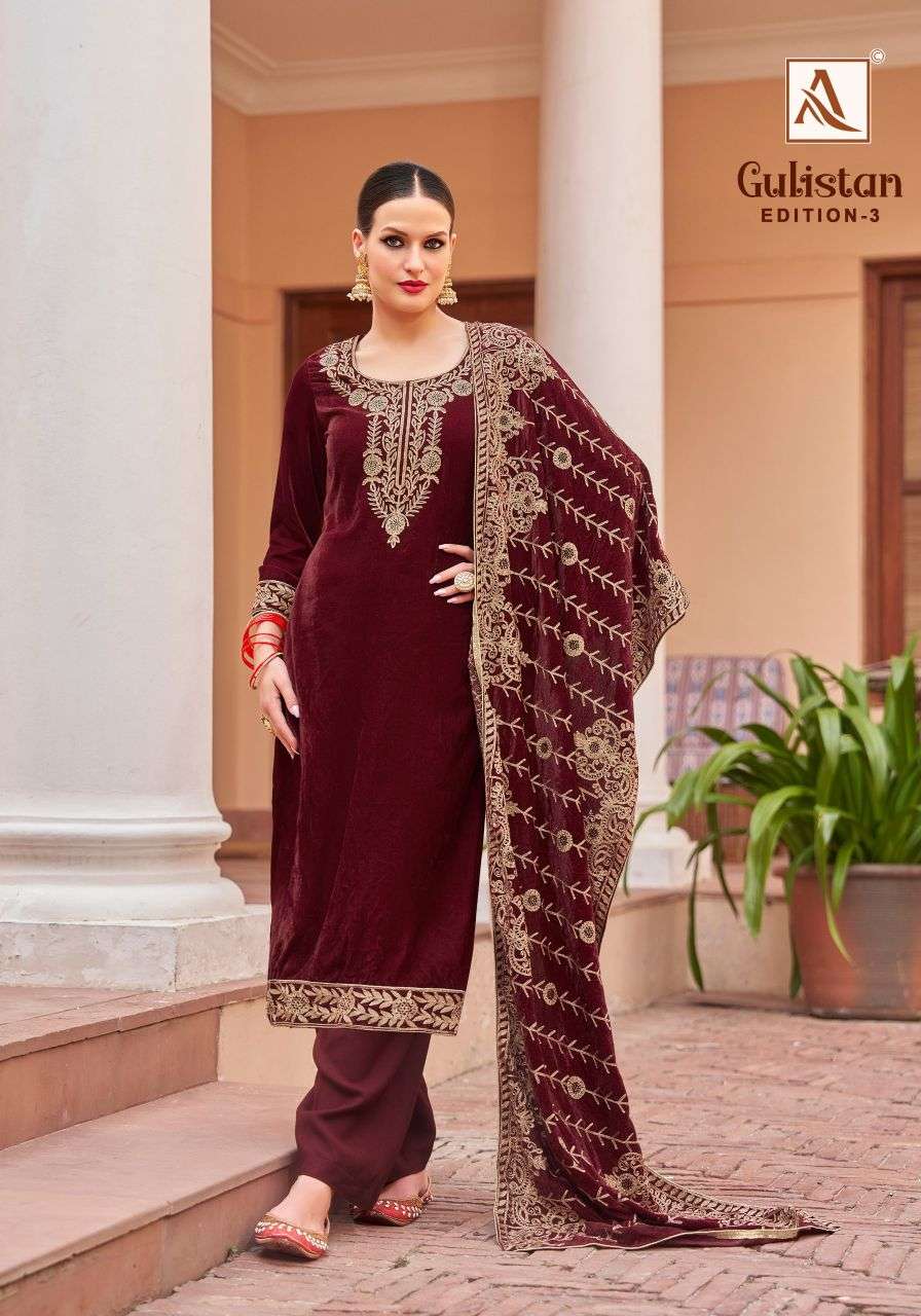 gulistan vol-3 by alok suit fancy embroidered velvet salwar kameez wholesale price surat