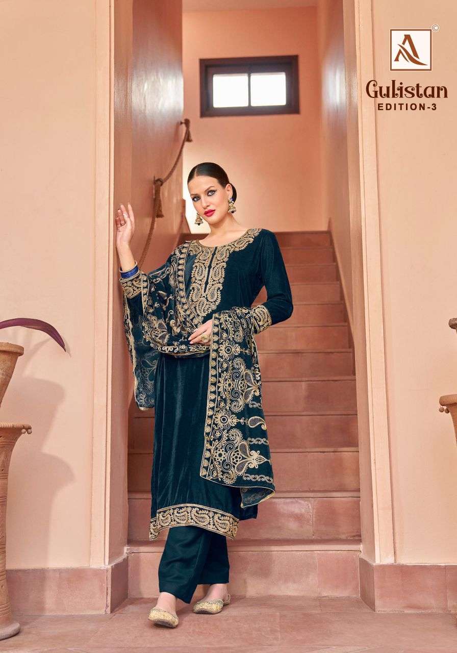 gulistan vol-3 by alok suit fancy embroidered velvet salwar kameez wholesale price surat