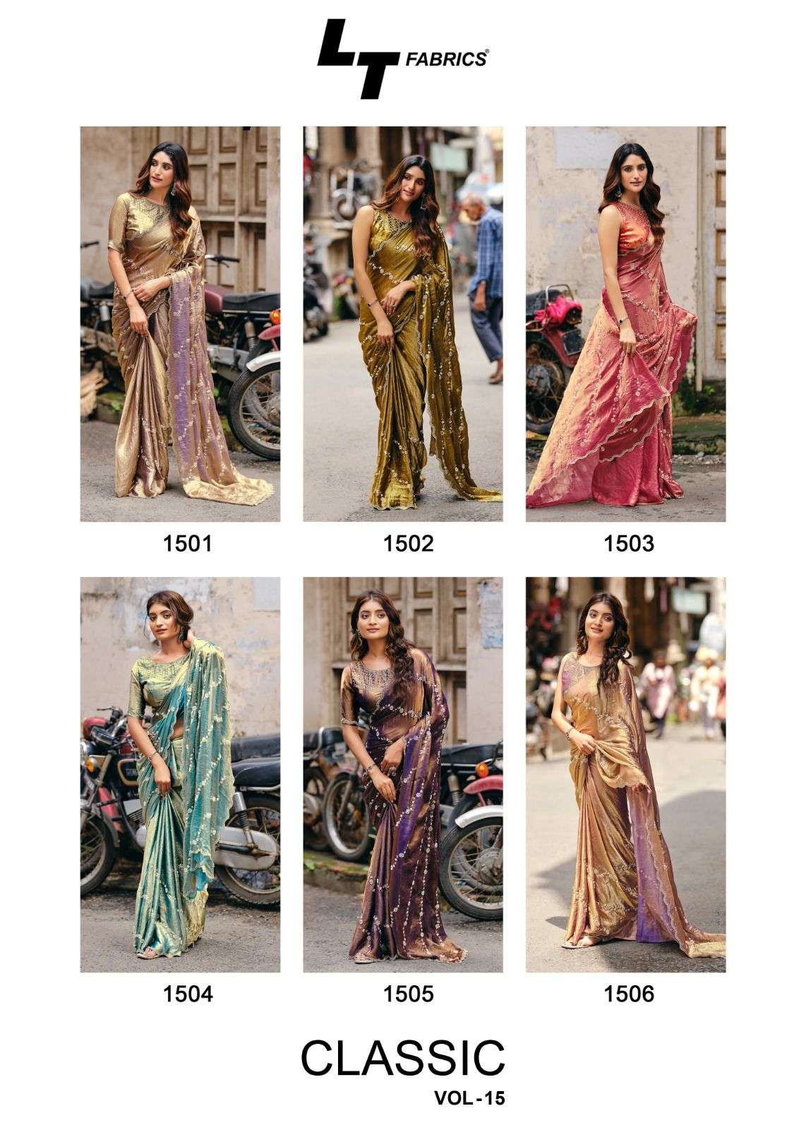 lt fashions classic vol 15 1501-1506 series designer nc malai silk embroidered party wear sarees catalogue wholesale price surat
