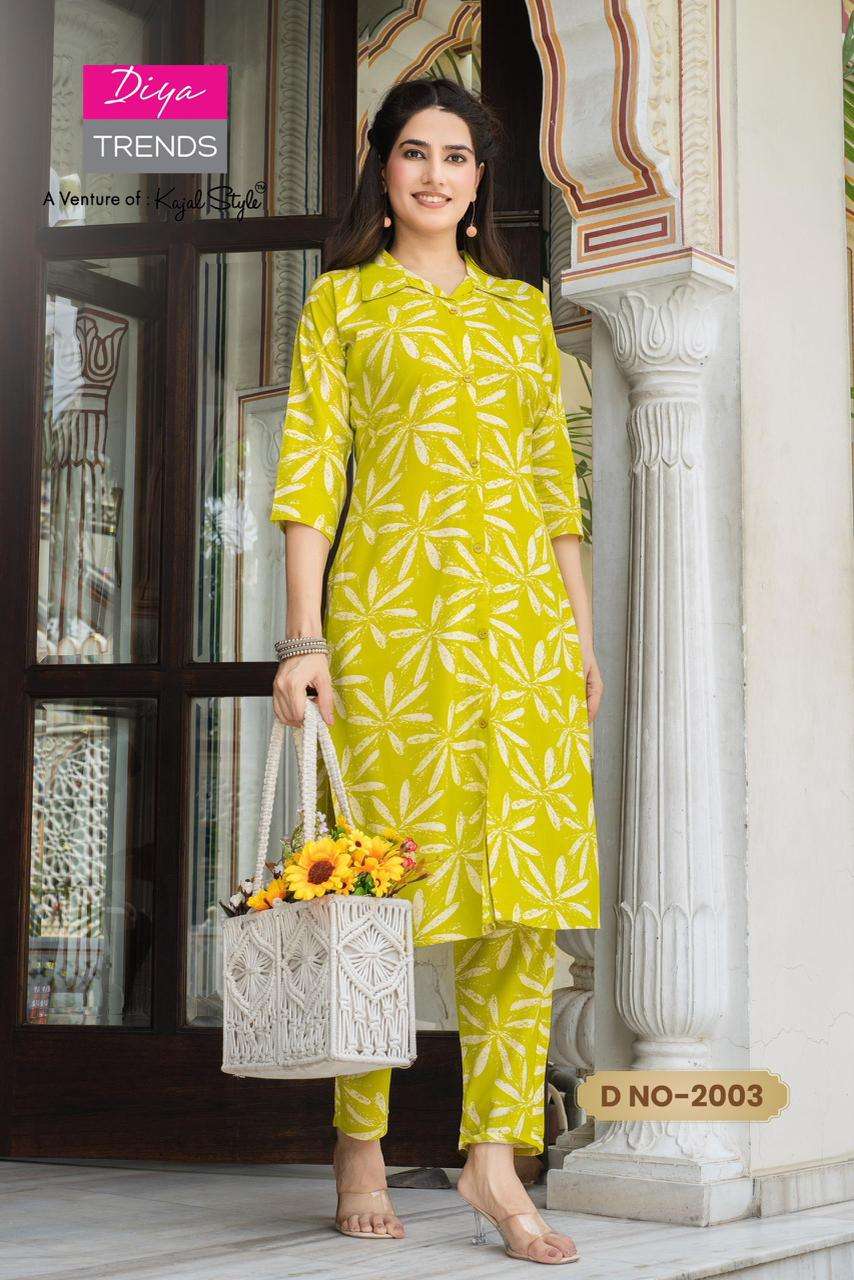 cord set vol-2 by diya trends rayon printed readymade cord set wholesale price surat