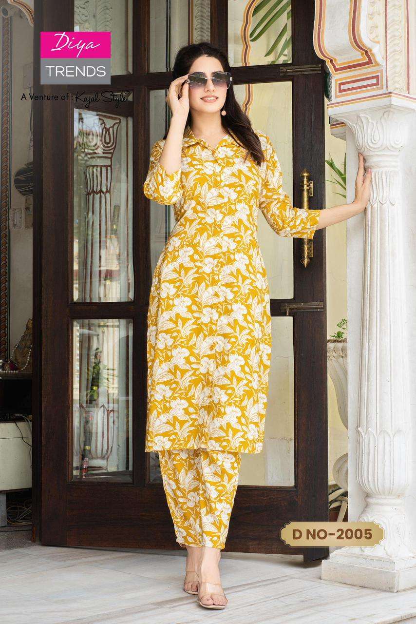 cord set vol-2 by diya trends rayon printed readymade cord set wholesale price surat